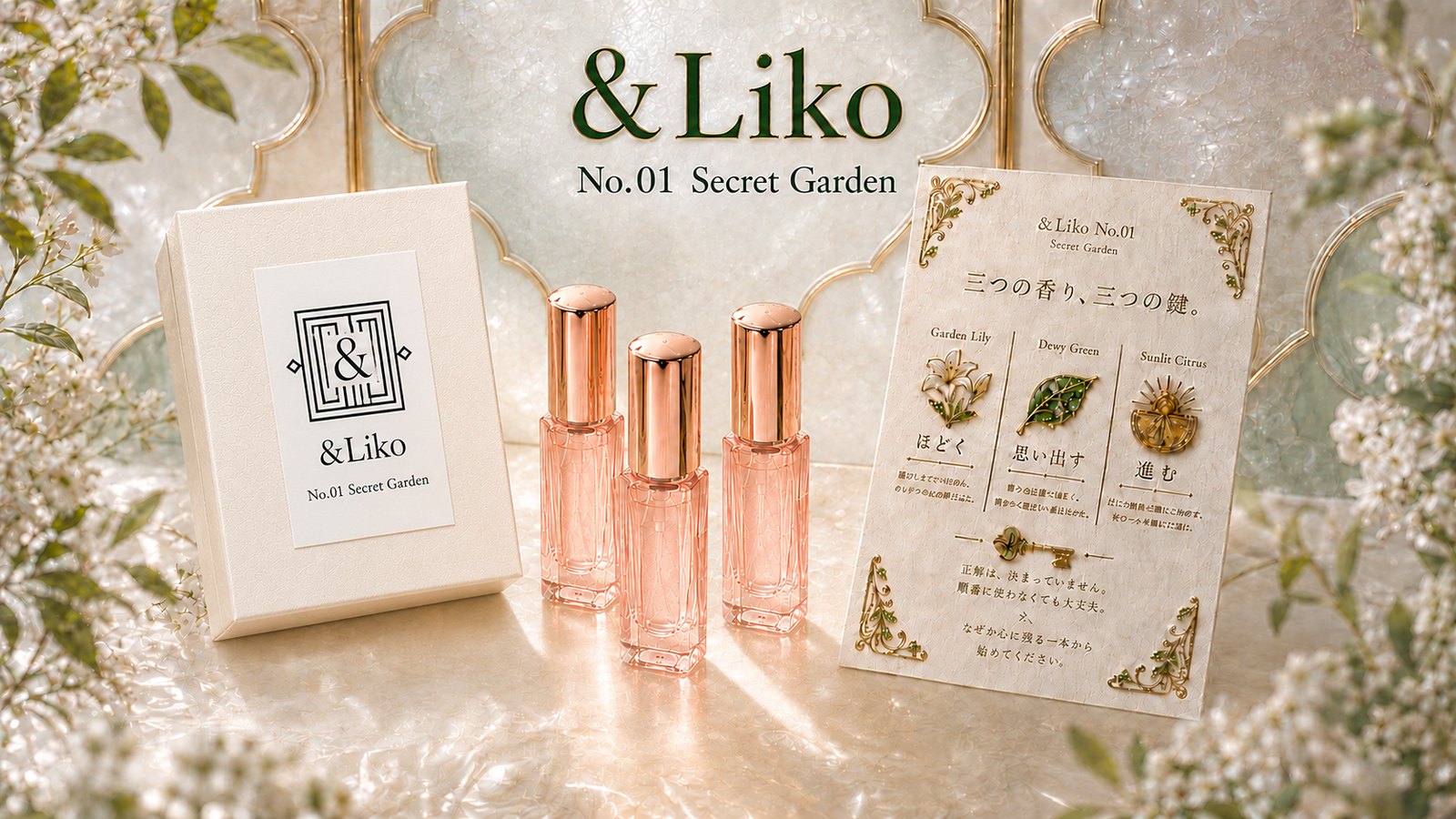 ＆Liko No.01 Secret Garden 試香キット。白い箱、三本のボトル、ポストカード。